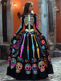 Damen Kleid Maxi Langarm Party Halloween | Schwarzes