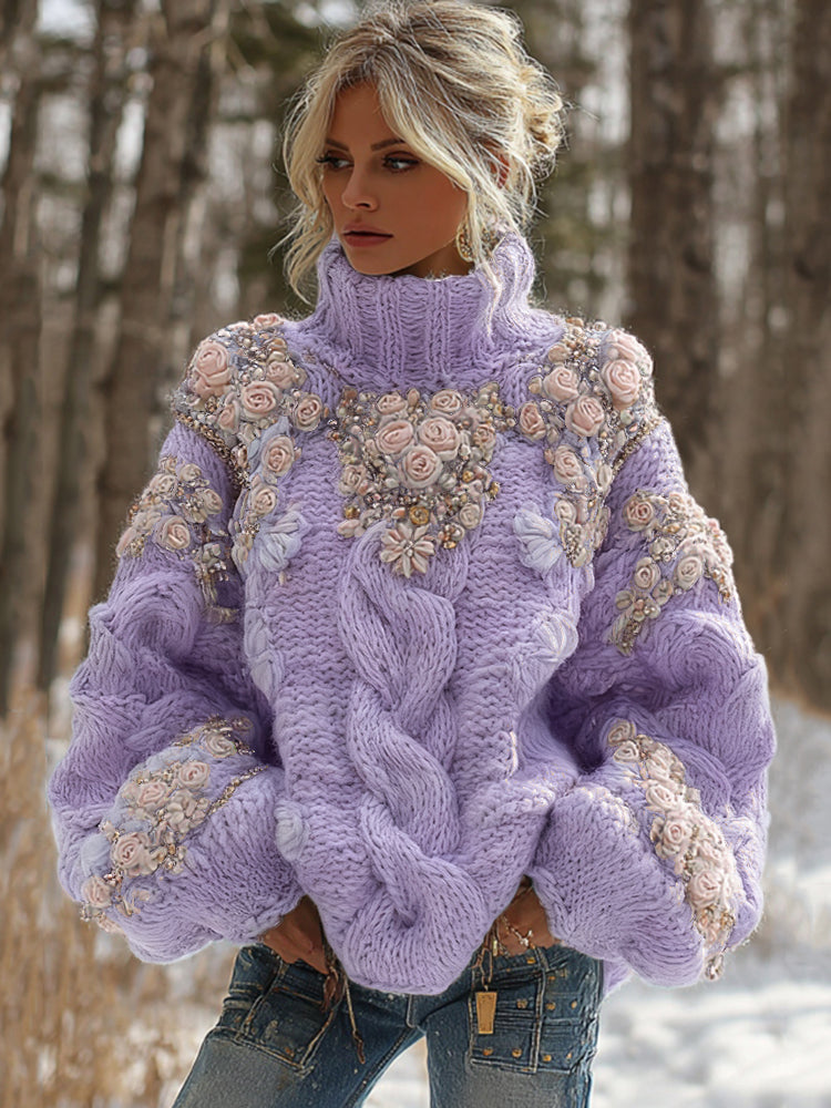 Damen Pullover Strick Rollkragen Gehäkelt | Winter