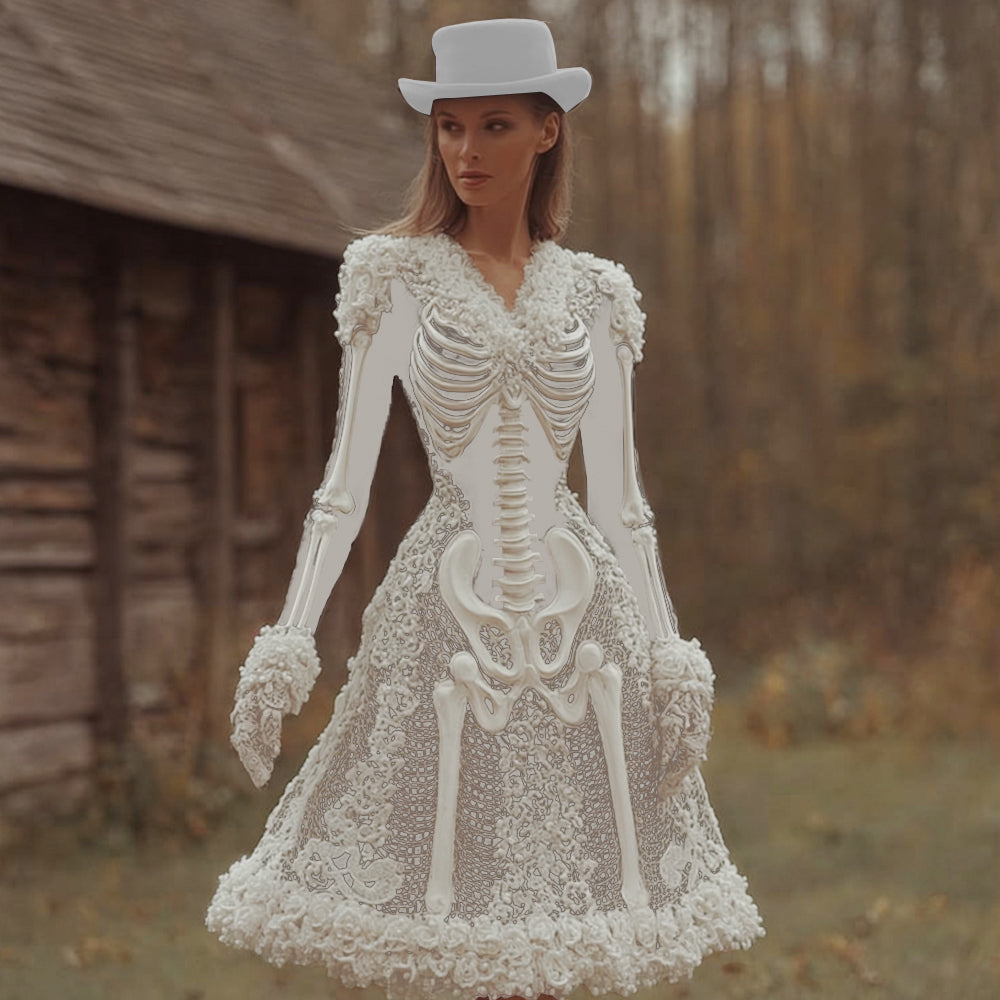 Damen Kleid Midi Vintage Langarm Halloween | Winter