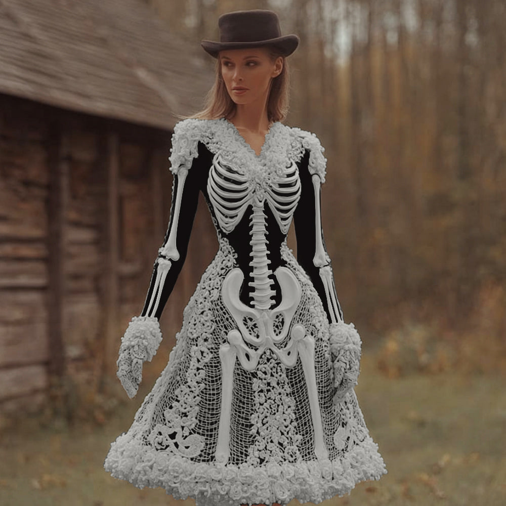 Damen Kleid Midi Vintage Langarm Halloween | Winter