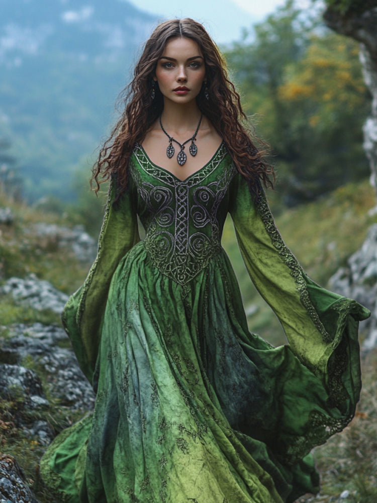 Damen Kleid Maxi Cape Langarm Besticktes | Halloween