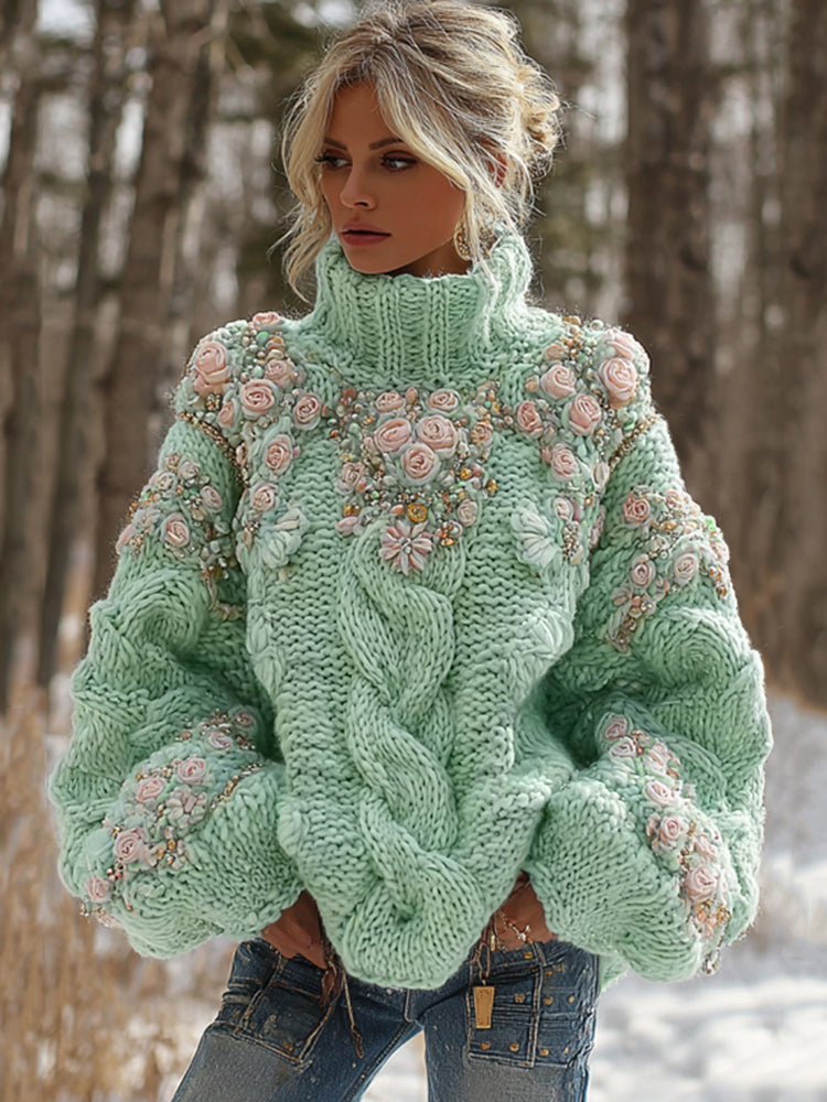 Damen Pullover Strick Rollkragen Gehäkelt | Winter