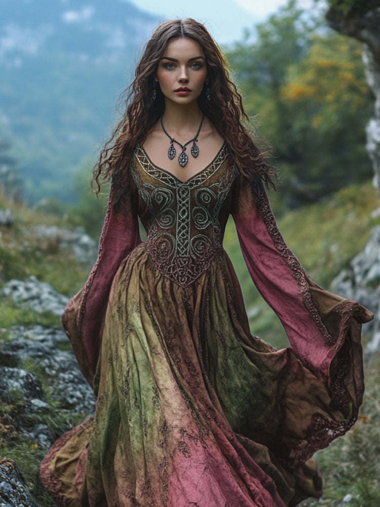 Damen Kleid Maxi Cape Langarm Besticktes | Halloween