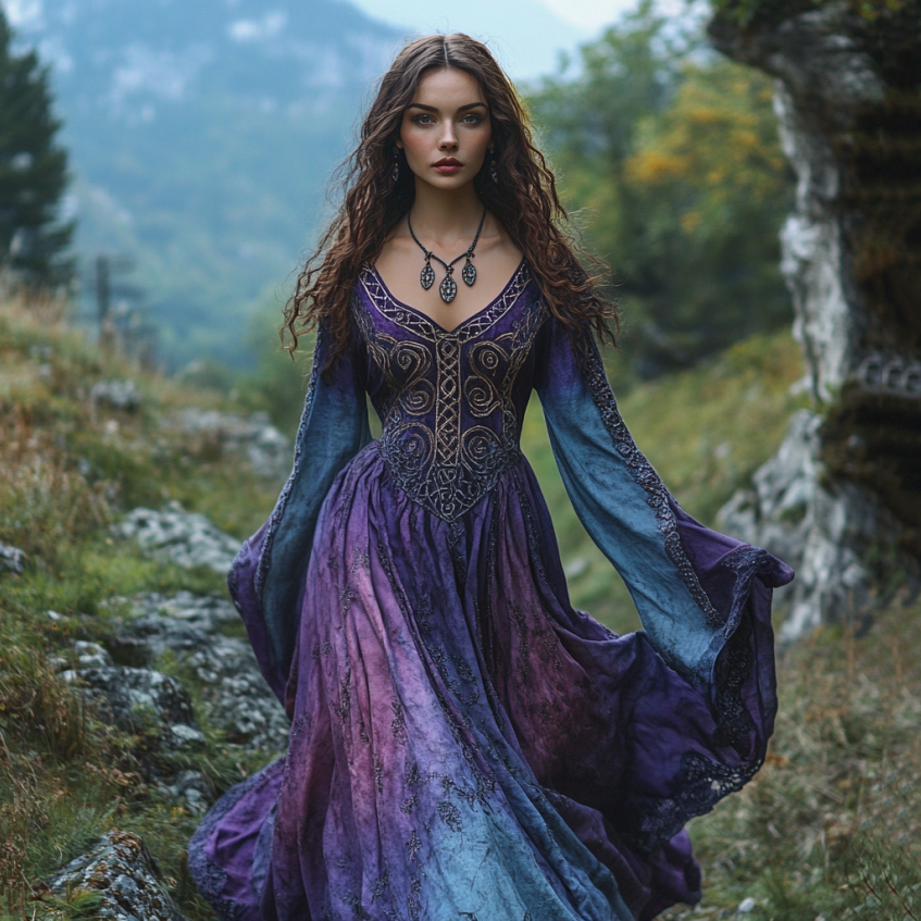 Damen Kleid Maxi Cape Langarm Besticktes | Halloween