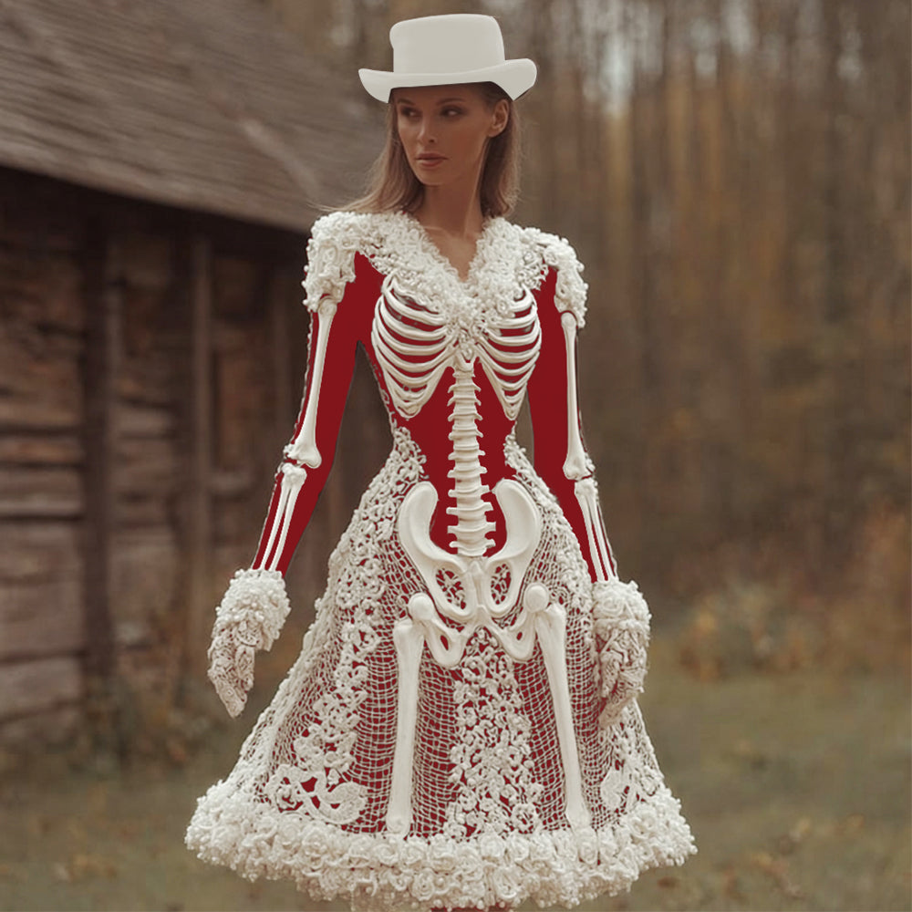 Damen Kleid Midi Vintage Langarm Halloween | Winter