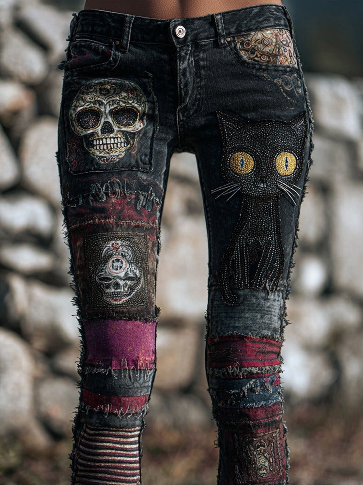 Damen Hose Schwarze Vintage Patchwork | Halloween