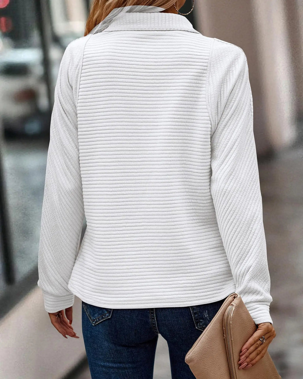 Damen Rippstrickpullover mit Viertelreißverschluss | Stehkragen