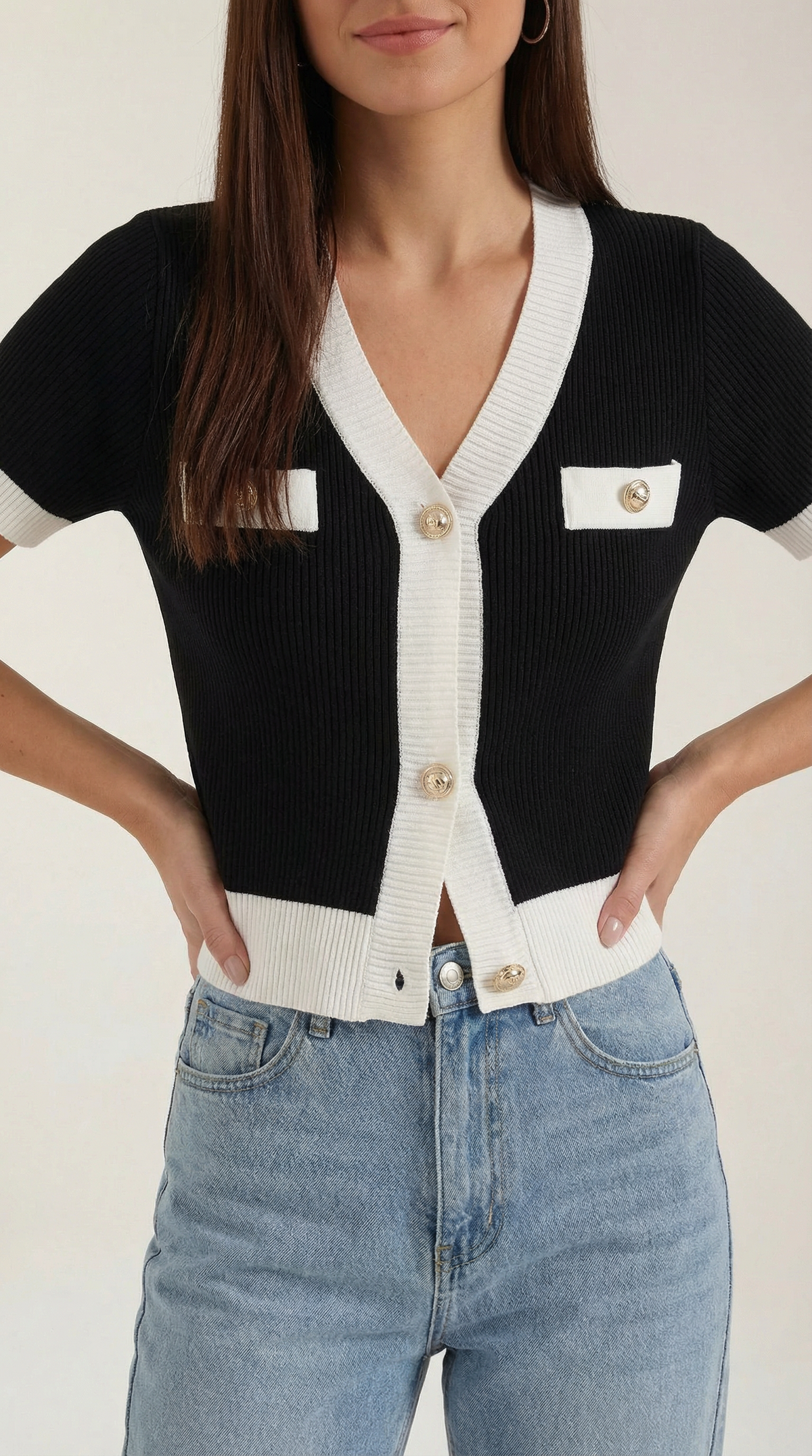 Damen Kurzarm Strickjacke | Knopfleiste