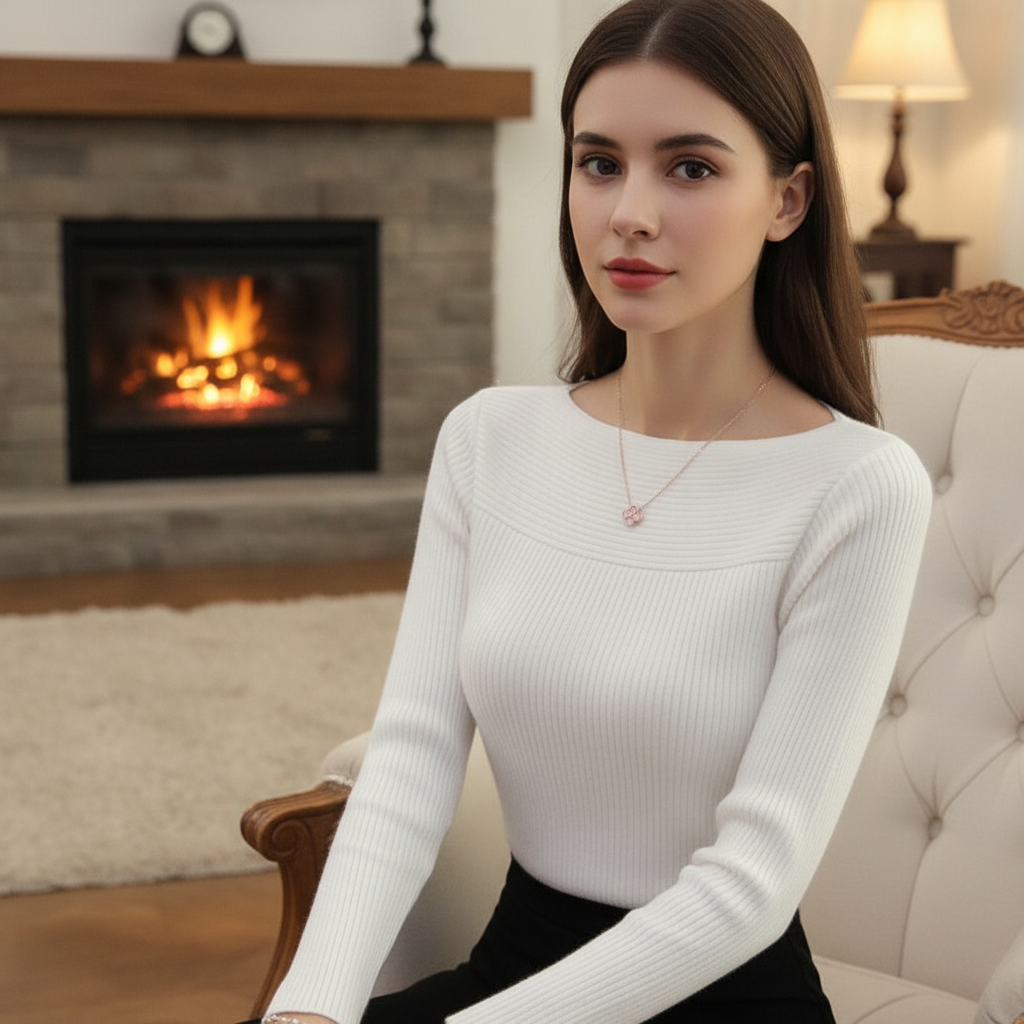 Damen Pullover mit Rippstrick und U Boot Ausschnitt | Schmale Passform