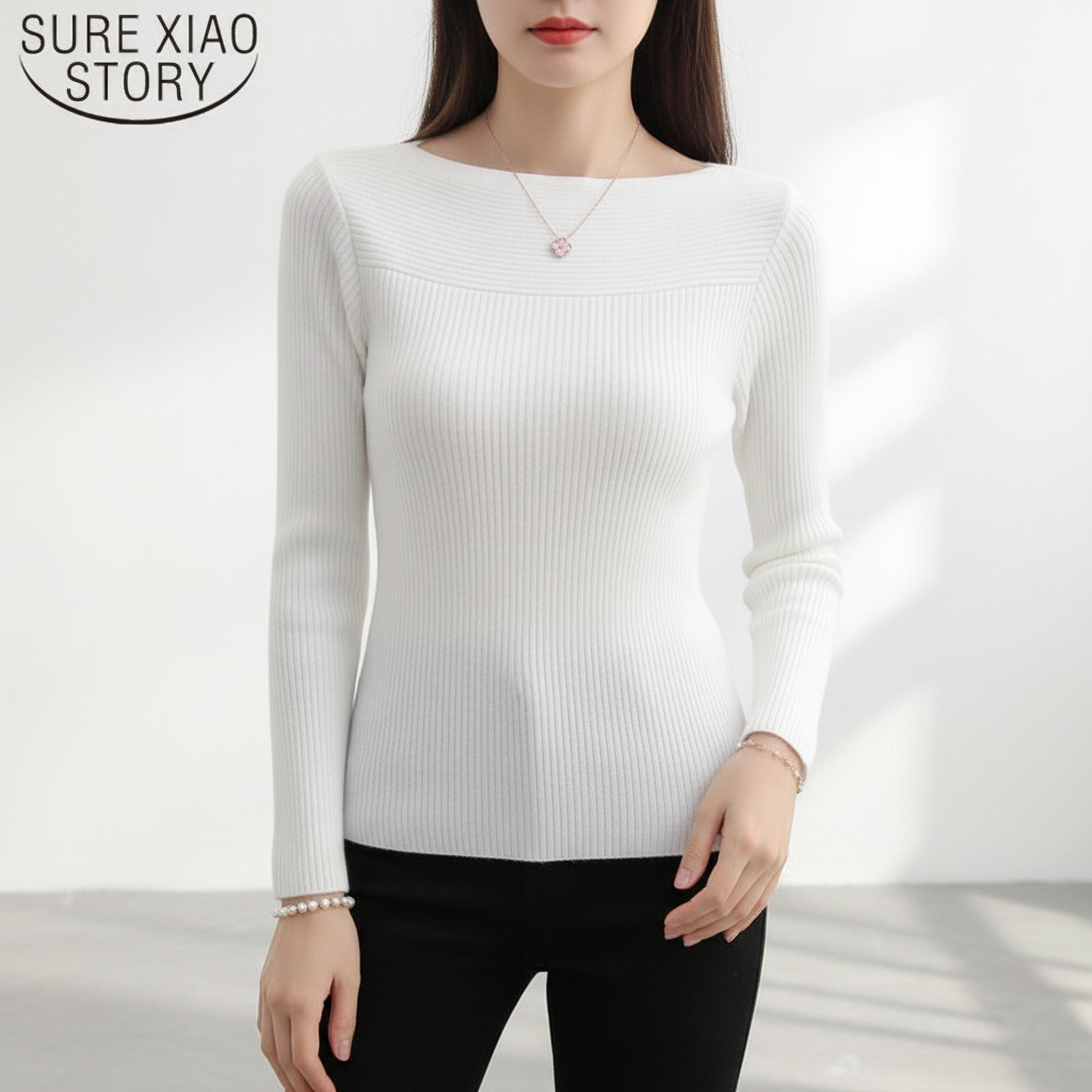 Damen Pullover mit Rippstrick und U Boot Ausschnitt | Schmale Passform