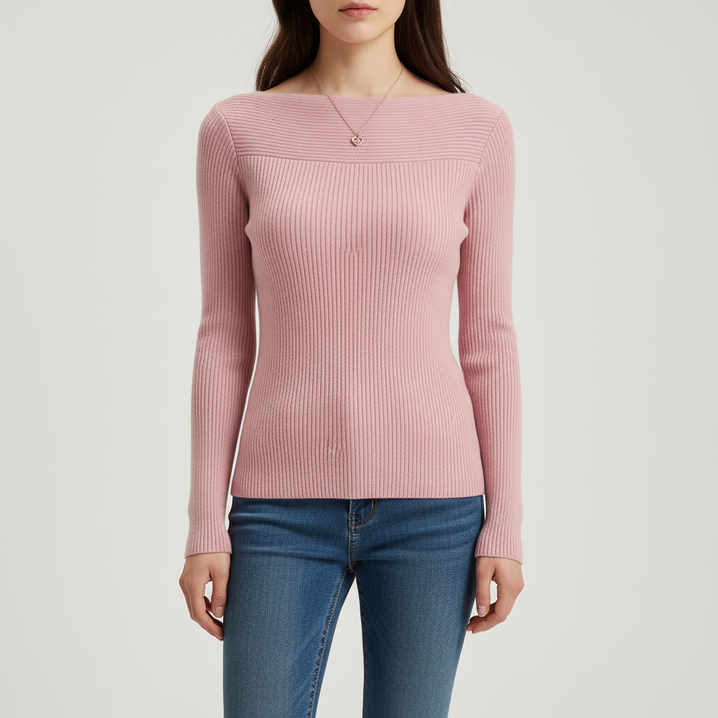 Damen Pullover mit Rippstrick und U Boot Ausschnitt | Schmale Passform