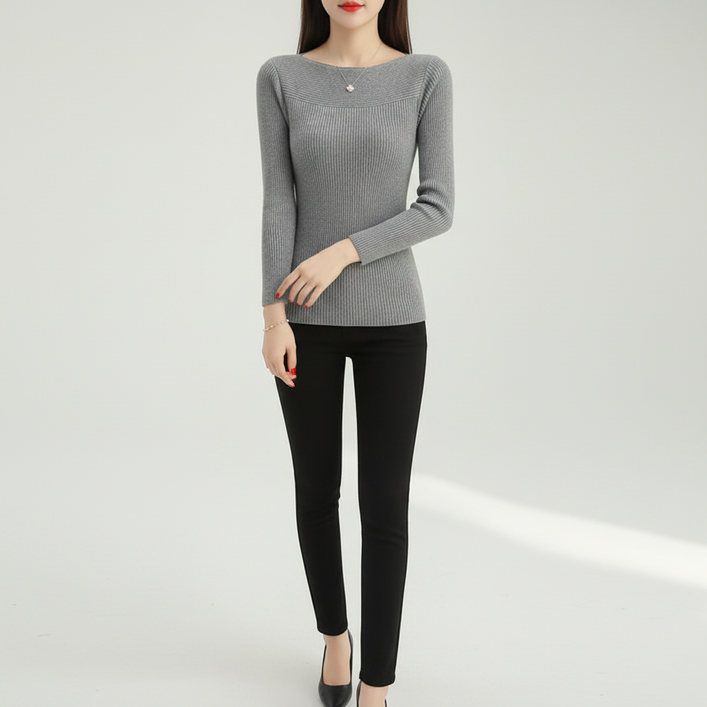 Damen Pullover mit Rippstrick und U Boot Ausschnitt | Schmale Passform