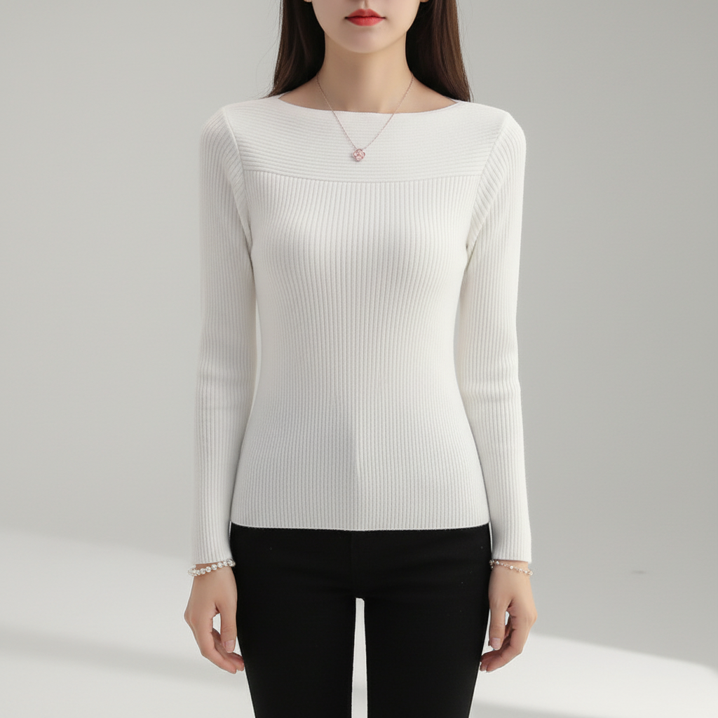 Damen Pullover mit Rippstrick und U Boot Ausschnitt | Schmale Passform