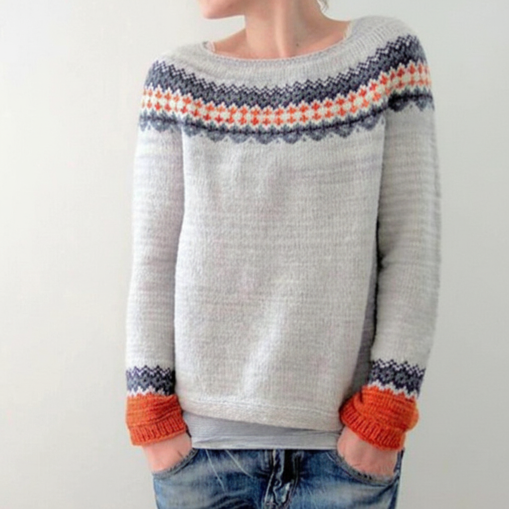 Damenpullover mit Print und Rundhalsausschnitt | Gerippte Bündchen
