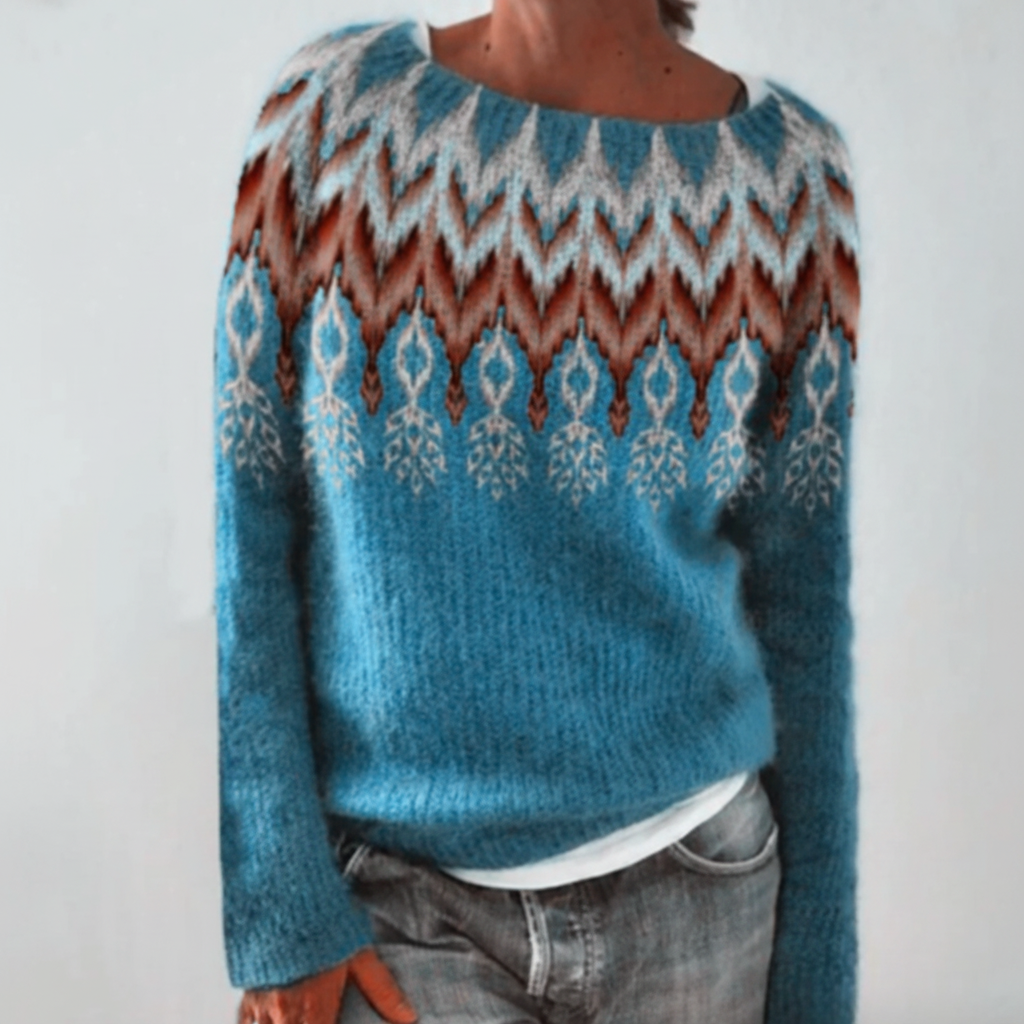 Damenpullover mit Print und Rundhalsausschnitt | Gerippte Bündchen