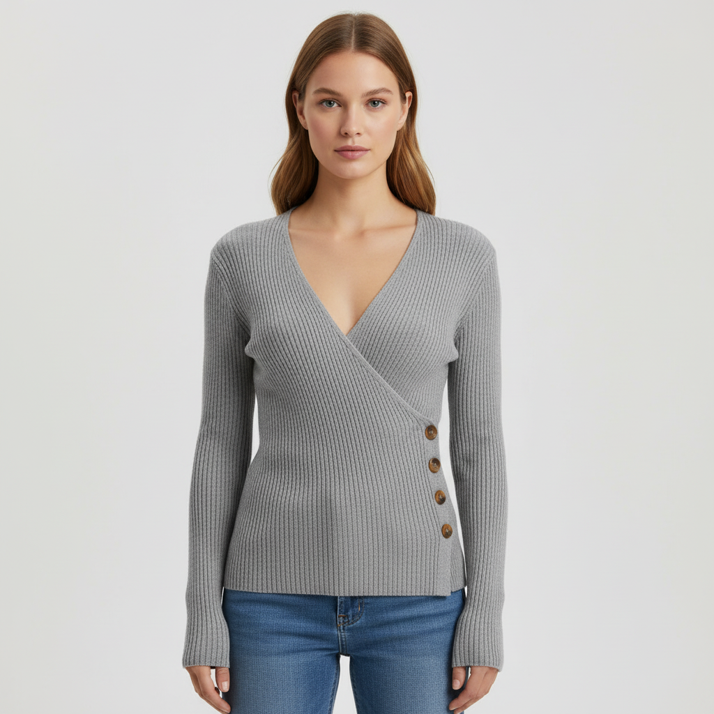 Damen Gerippter Wickelpullover | Seitliche Knopfleiste