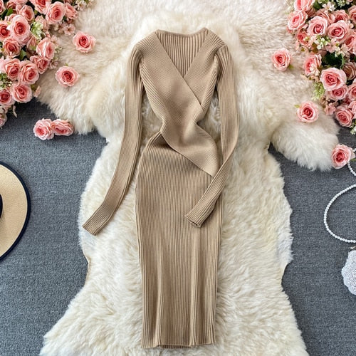 Damen Geripptes Midikleid | Lange Ärmel
