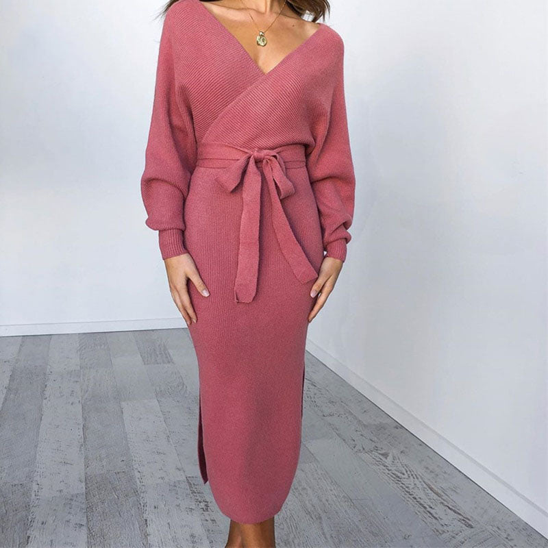 Damen Strick Midi Wickelkleid | Warme