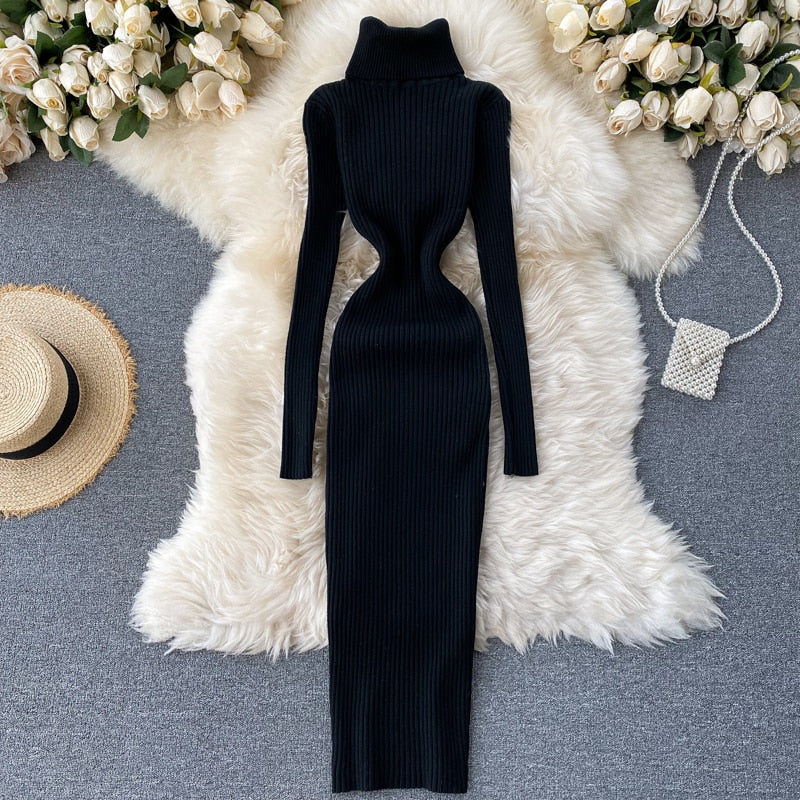 Damen Geripptes Maxikleid mit Rollkragen | Strick