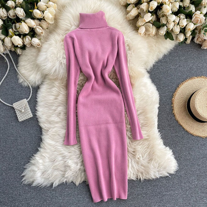 Damen Geripptes Maxikleid mit Rollkragen | Strick