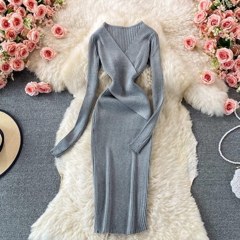Damen Geripptes Midikleid | Lange Ärmel