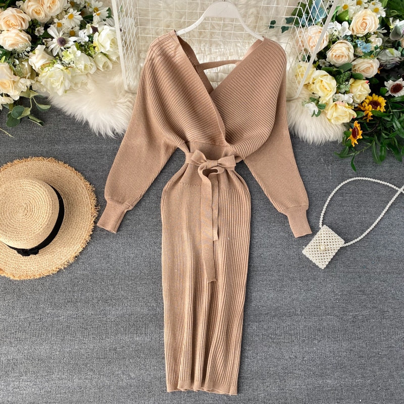 Damen Strick-Wickel Midi kleid | Bindegürtel