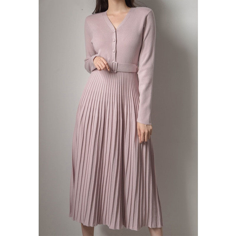 Damen Strickkleid in Midi Länge mit Falten | Gürtel