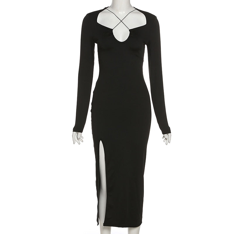 Damen Maxikleid mit Hhem Schlitz | Lange Ärmel