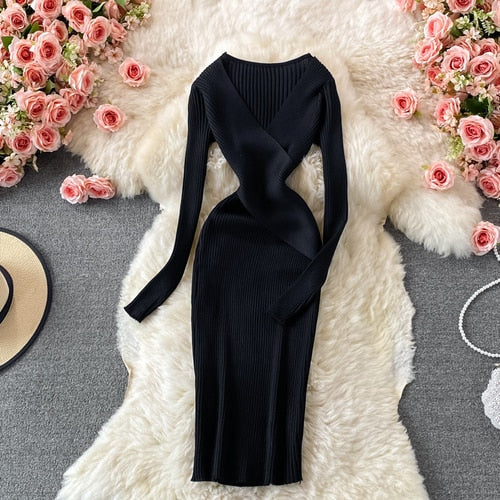 Damen Geripptes Midikleid | Lange Ärmel