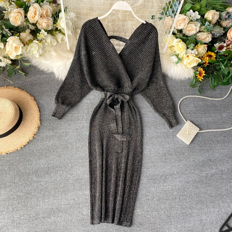 Damen Strick-Wickel Midi kleid | Bindegürtel