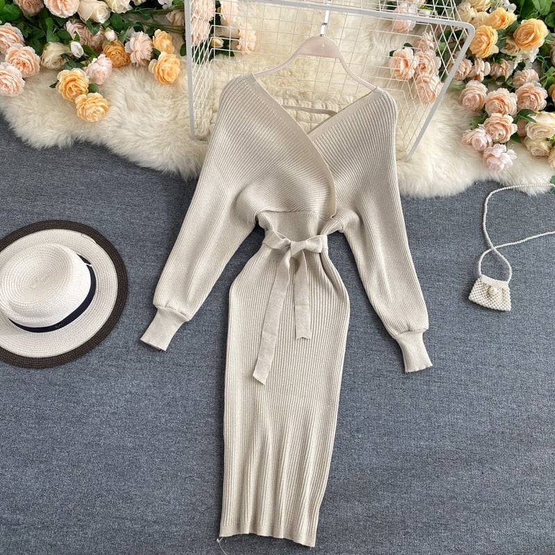 Damen Strick-Wickel Midi kleid | Bindegürtel