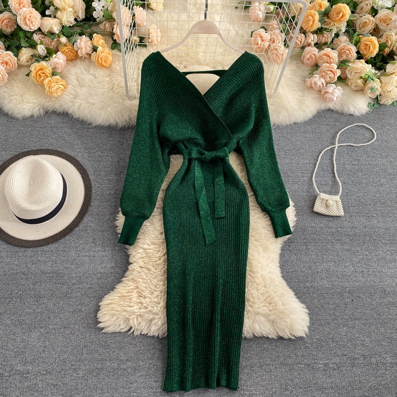 Damen Strick-Wickel Midi kleid | Bindegürtel