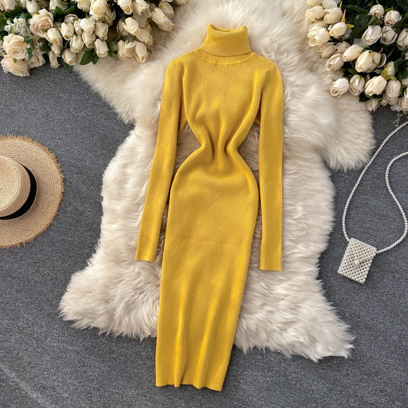 Damen Geripptes Maxikleid mit Rollkragen | Strick