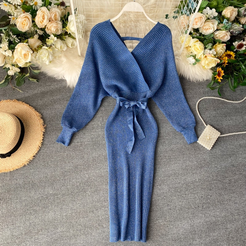 Damen Strick-Wickel Midi kleid | Bindegürtel