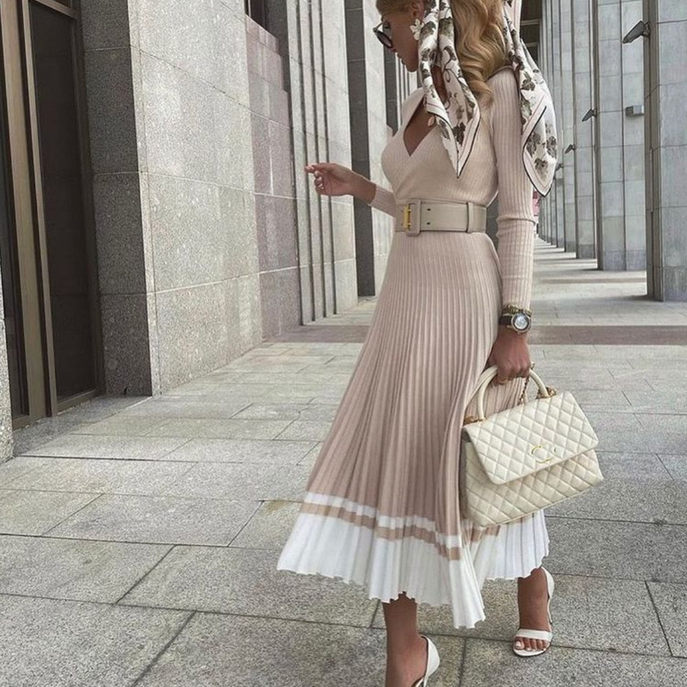 Damen Midikleid aus Geripptem Strick mit Falten | Gürtel