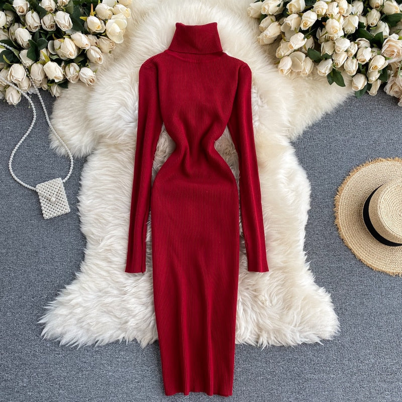 Damen Geripptes Maxikleid mit Rollkragen | Strick