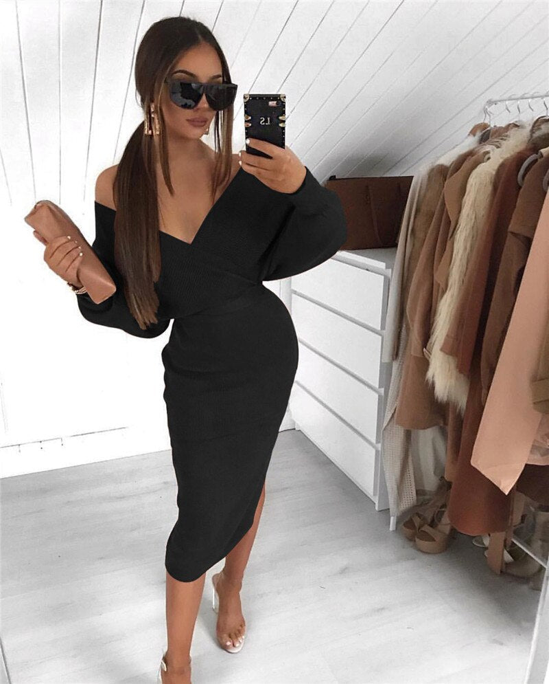 Damen Strick Midikleid | V-Ausschnitt