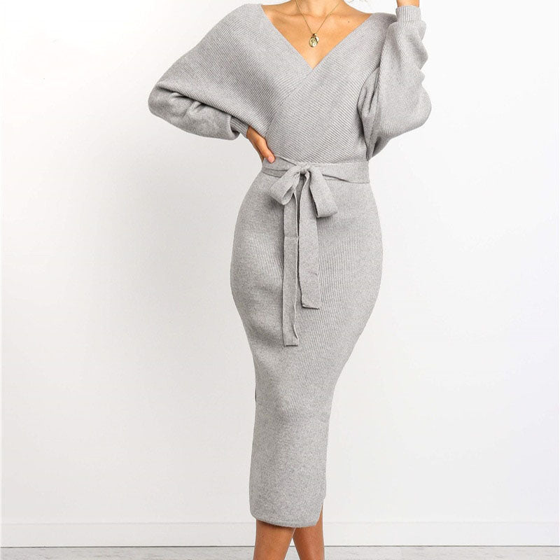 Damen Strick Midi Wickelkleid | Warme