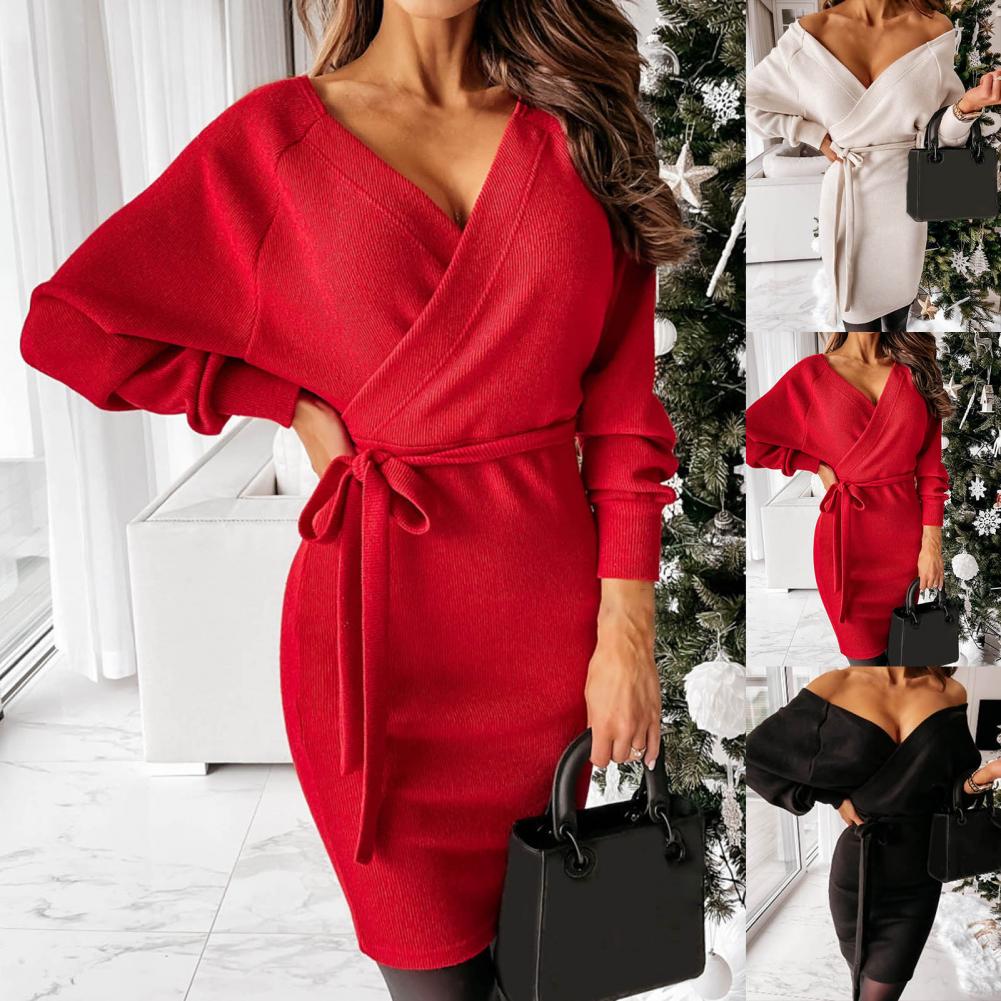 Damen Strickkleid mit Gürtel | Warme