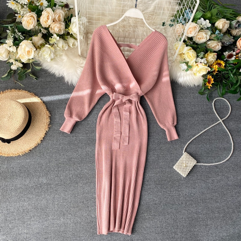 Damen Strick-Wickel Midi kleid | Bindegürtel