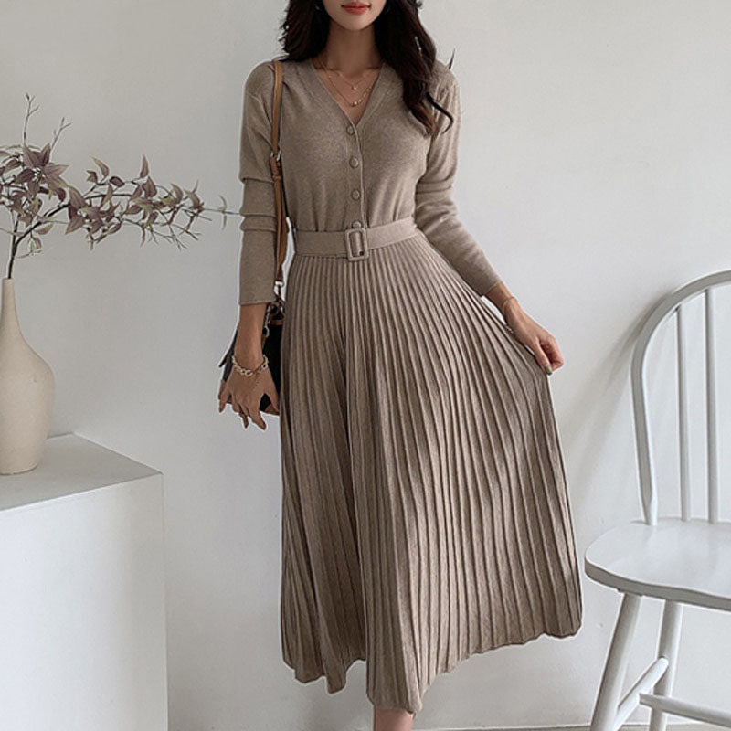Damen Strickkleid in Midi Länge mit Falten | Gürtel