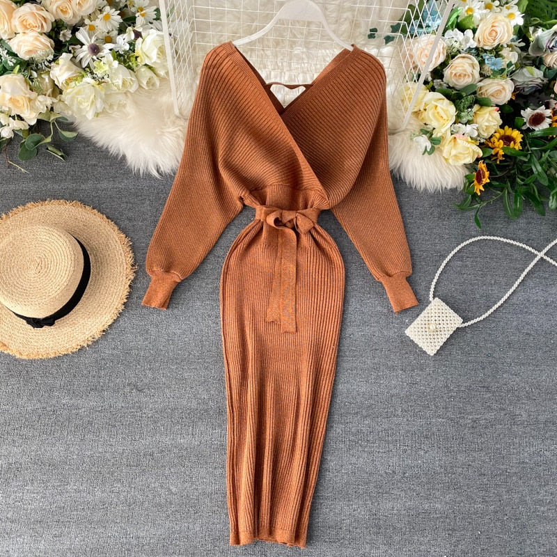 Damen Strick-Wickel Midi kleid | Bindegürtel