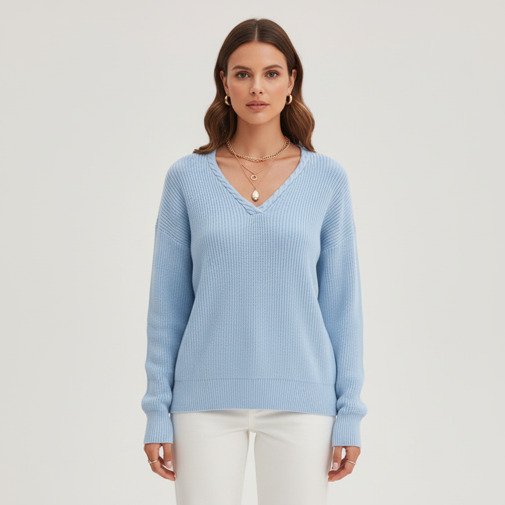Damen Gerippter Winterpullover mit V-Ausschnitt | Lange Ärmel