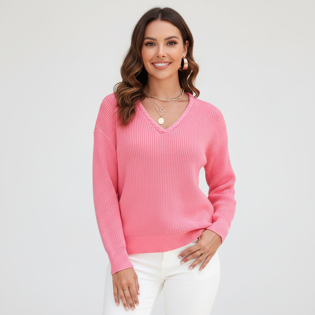 Damen Gerippter Winterpullover mit V-Ausschnitt | Lange Ärmel