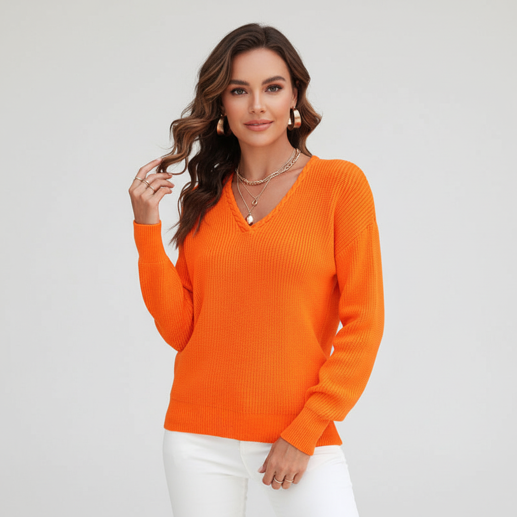 Damen Gerippter Winterpullover mit V-Ausschnitt | Lange Ärmel