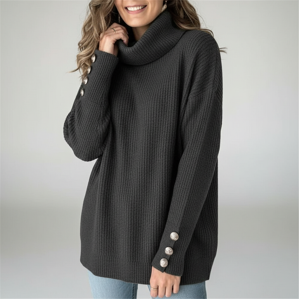 Damen-Rippstrickpullover | Manschetten mit Knöpfen