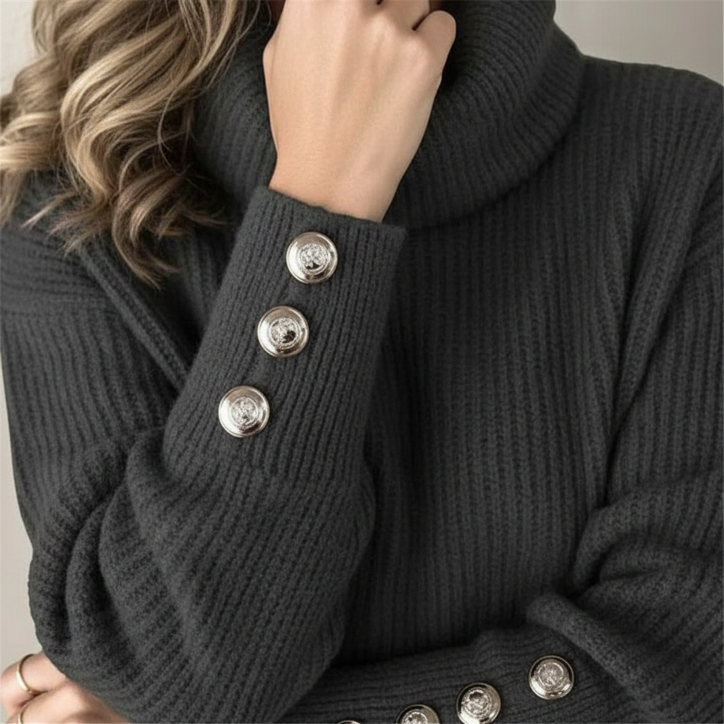 Damen-Rippstrickpullover | Manschetten mit Knöpfen
