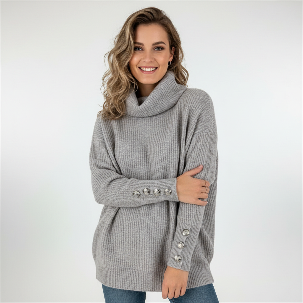 Damen-Rippstrickpullover | Manschetten mit Knöpfen