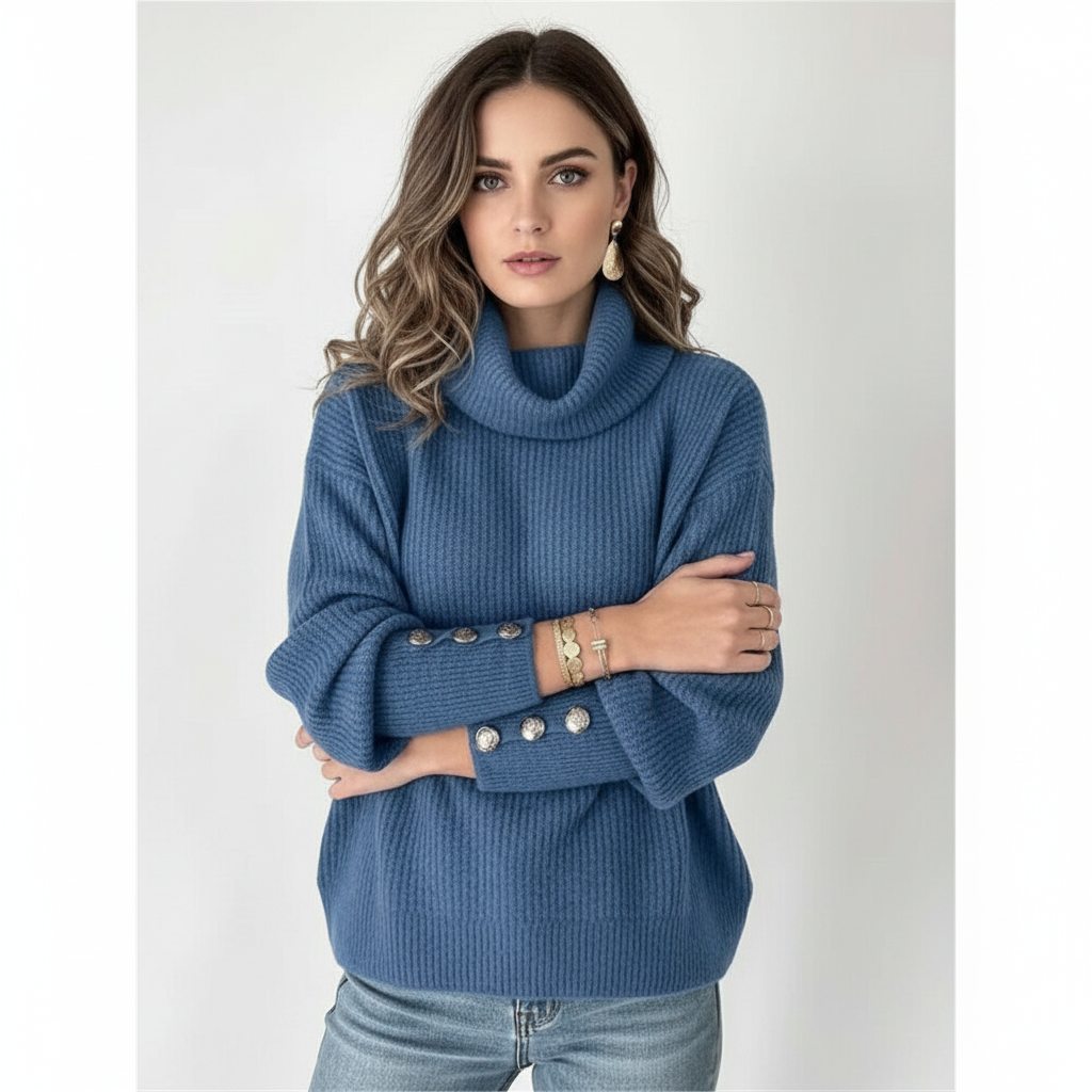 Damen-Rippstrickpullover | Manschetten mit Knöpfen