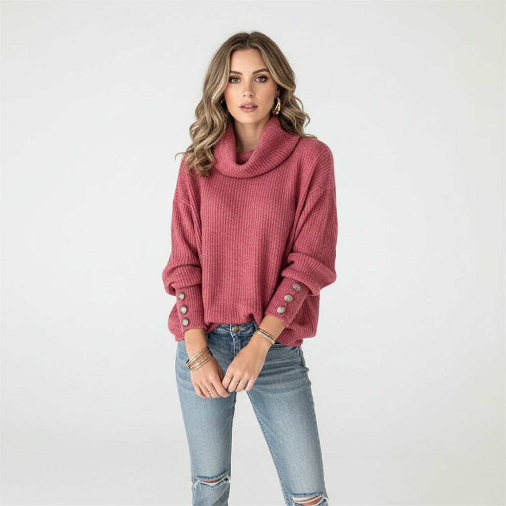 Damen-Rippstrickpullover | Manschetten mit Knöpfen